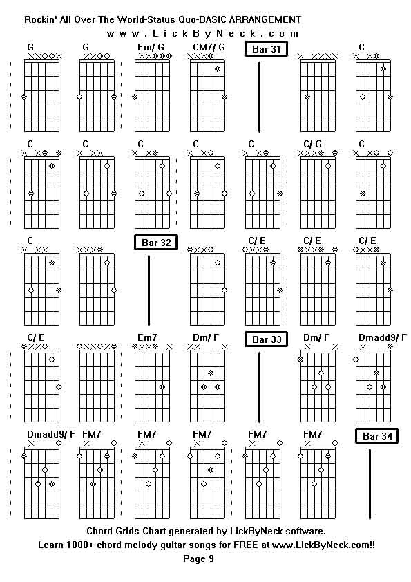 Chord Grids Chart of chord melody fingerstyle guitar song-Rockin' All Over The World-Status Quo-BASIC ARRANGEMENT,generated by LickByNeck software.